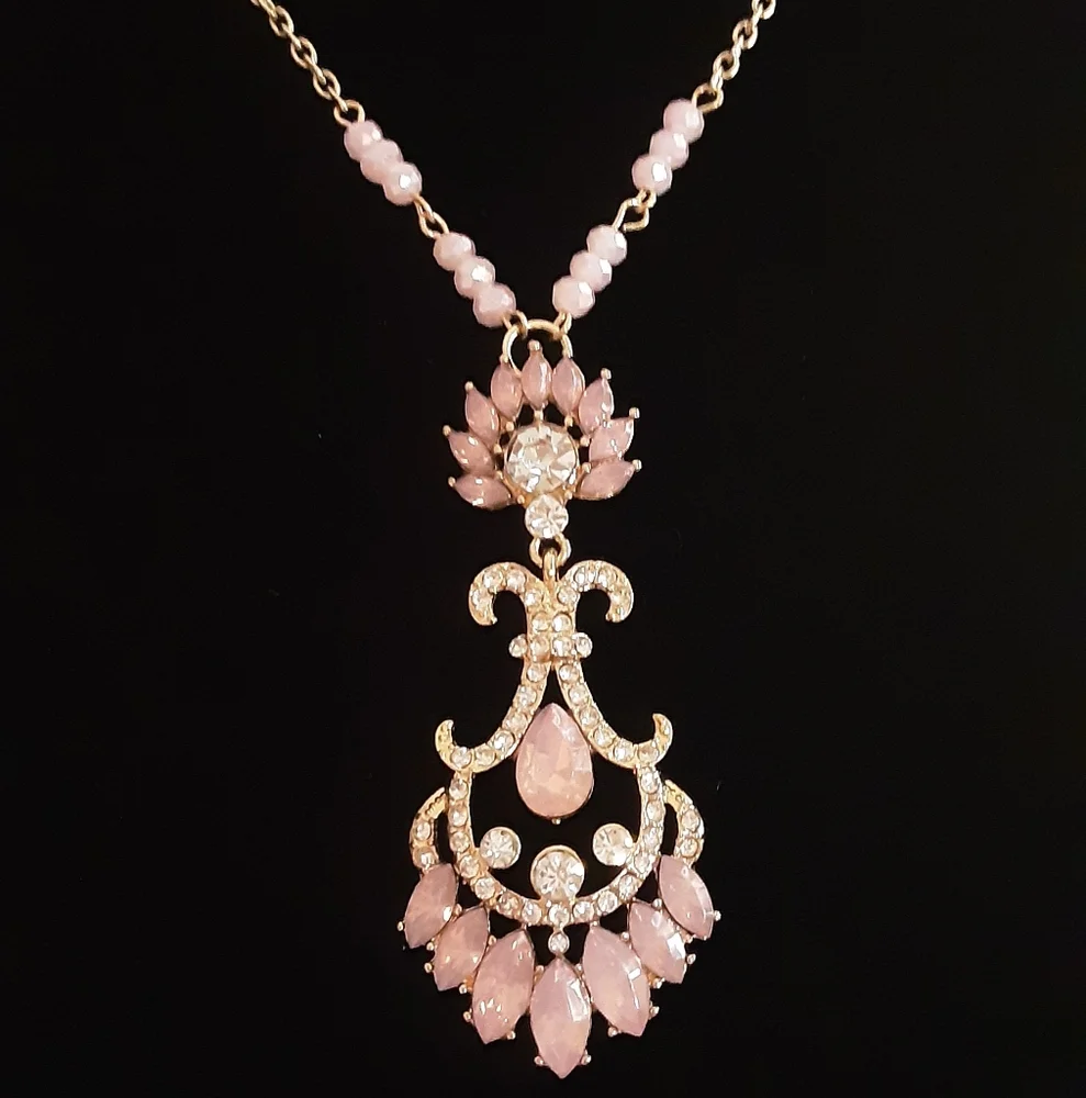 Hand Crafted Elegant Necklace Pink Gold 26" Chain Formal - Picture 3 of 3